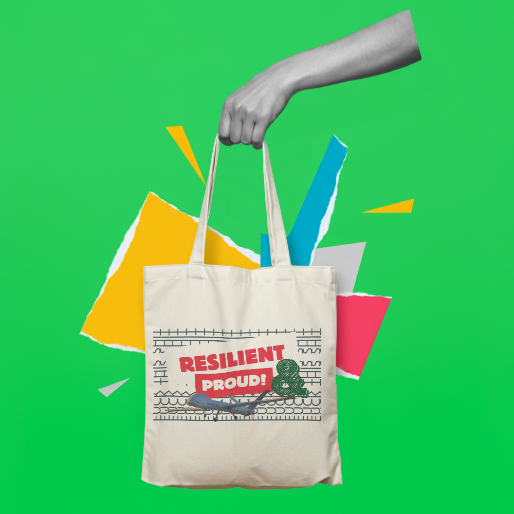 Resilient and Proud tote on a colourful collage